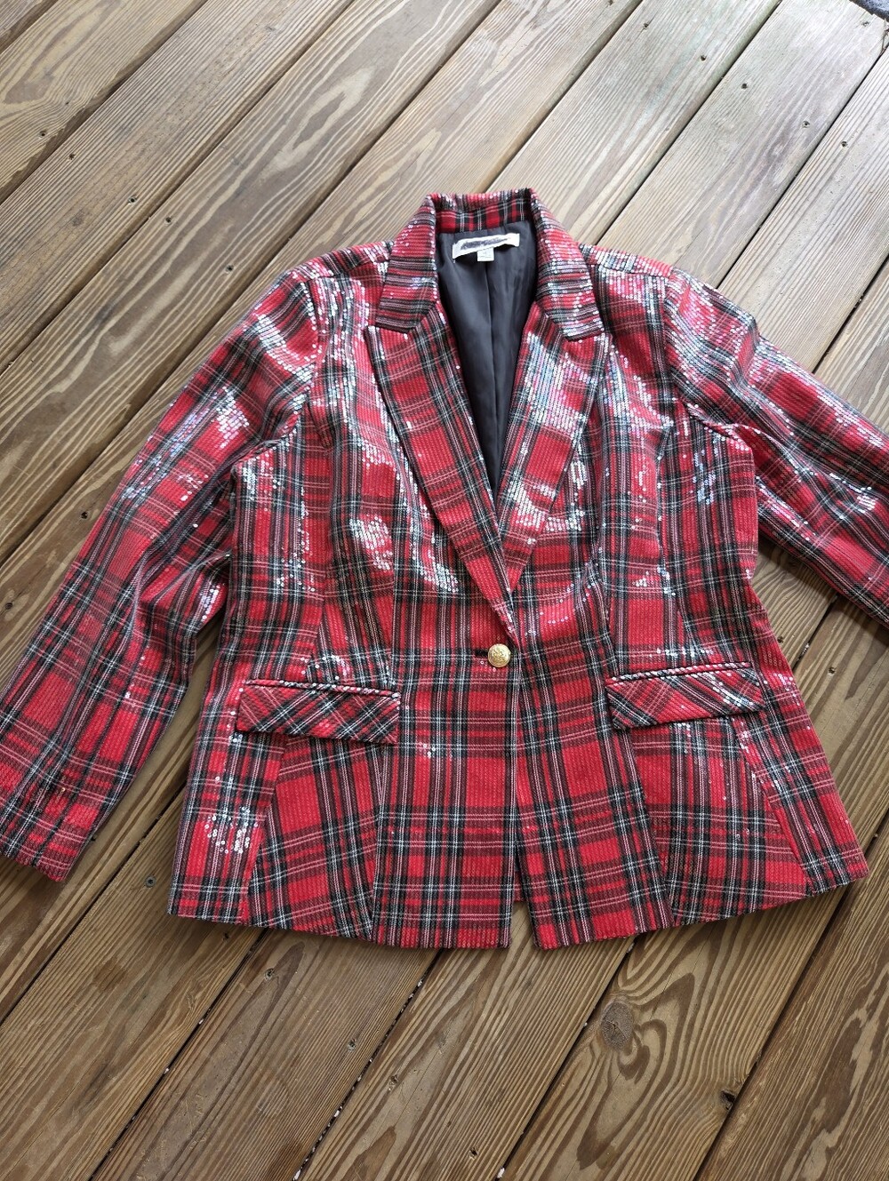 Cato Limited Edition Red Plaid Sequin Blazer XL